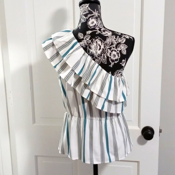 🆕️ 🌿Ann Taylor🌿 - Cream/Teal Striped One Shoulder Ruffle Top w/Sash - Picture 5 of 10